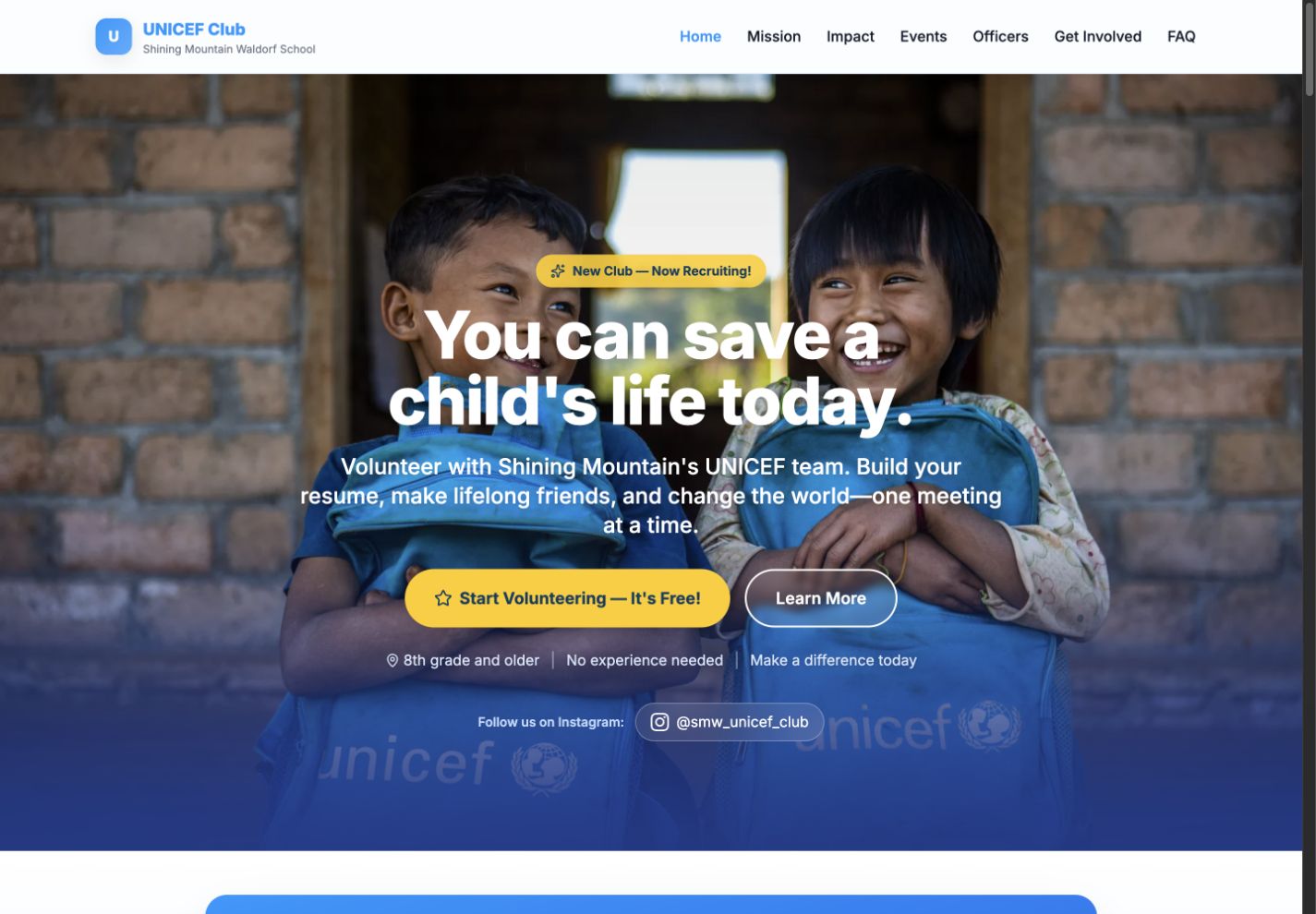 SMW4Kids homepage for Shining Mountain Waldorf School’s UNICEF Club, with a blue and yellow design, volunteer invitation, and navigation to club information.